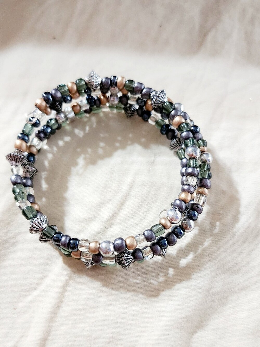 Multi-Strand Beaded Coil Bracelet in Black, Gray & Gold